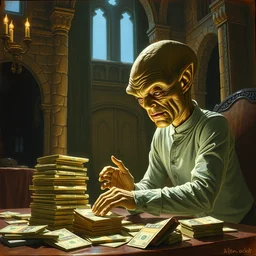 alf the alien counting stacks of money in a castle, dramatic lighting, painted by norman rockwell