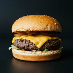 85mm food photograph of the perfect cheeseburger shot on 35mm film, studio lighting, 8k