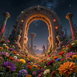 a up close macro view of a intricate mystical alien archway in a field of multicolored colored flowers, underneath a star filled night sky, harold newton, zdzislaw beksinski, donato giancola, warm coloured, gigantic pillars and flowers, maschinen krieger, beeple, star trek, star wars, ilm, atmospheric perspective