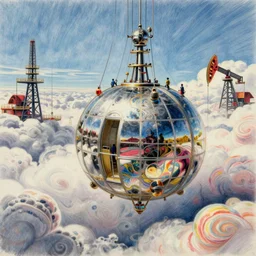 an inflated stainless steel chrome gondola in the clouds, people are hanging by steel cables. Oil rigs in the sky. Intricate technical drawing. Colored pencil. Mammatus clouds. Ornate, brilliant, utopian, detailed, Golden ratio, solarpunk technology by Lebbeus Woods and Craig Mullins
