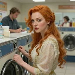 christina hendricks in a laundromat, deep focus, intricate, elegant, highly detailed, digital painting, artstation, concept art, matte, sharp focus, illustration, art by artgerm and greg rutkowski and alphonse mucha