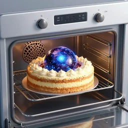the universe backed in a cake in an oven, digital art
