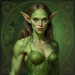 portrait of natalie portman as a goblin, d & d, muscular! green, fantasy, intricate, elegant, highly detailed, digital painting, artstation, concept art, smooth, sharp focus, illustration, art by artgerm and greg rutkowski and alphonse mucha