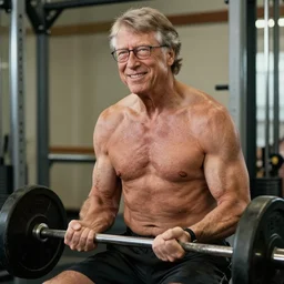 very muscular shirtless bill gates pumping iron, photo mid shot