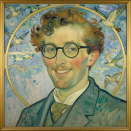 portrait of a smiling man wearing glasses, surrounded by sky and birds, art nouveau painting