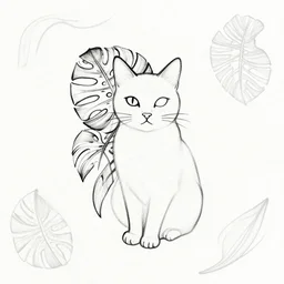 tattoo sketch of a cat with one eye, monstera deliciosa, a draft, organic ornament, minimalism, line art, vector