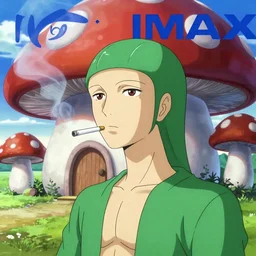 shoulder up Portrait of a hyper snakeman smoking an anime cigarette, mushroom hut in background , cel animation by Tokyo Movie Shinsha and Greg rutkowski, psychedelic, post-processing , IMAX , vibrant colors , award-winning masterpiece 20 years in the making