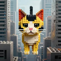portrait of a cat in the movie brazil made out of lego bricks floating above a concrete jungle, surreal, digital painting, centered, cinematic lighting, vertical symmetry, trending, artstation