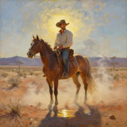 oil painting of cowboy dream at mexican desert setting, art by anders zorn, wonderful masterpiece by greg rutkowski, beautiful cinematic light, american romanticism by greg manchess, reflections in copper, sunlight, dust and steam