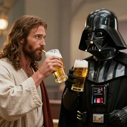 Jesus Christ drink a beer with his best friend Darth Vader, realistic photography , unreal engin, 4k