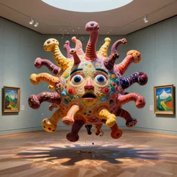 a teratoma exploding in the middle of a museum room realizing that he has consciousness painted by hockney