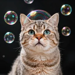 Cat with soap bubble around his head in open space 4K