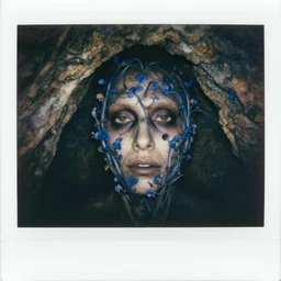 blue vines in a dark cave forming a human face, creepy, extreme detail, realistic, polaroid color photo, vintage, stunning 8 k, neutral colors, by gregory crewdson