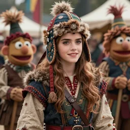 detailed ultrarealistic photography medium shot of dnd fantasy festival ethnic rustic emma watson girl warrior in muppet show cloth, fur helmet, leyendecker, norman rockwell, greg rutkowski, jim henson artstation cinematic, vray