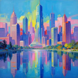 realistic painting cyberpunk city surrounded by a glistening lake by stephan martiniere, artstation utopian art deco, saturated, hyper colorful, canon eos r 3, f / 1. 4, iso 2 0 0, 1 / 1 6 0 s, 8 k, raw, unedited, symmetrical balance, in - frame