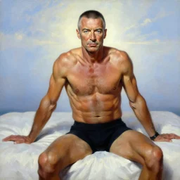 portrait oil painting, phil collins, muscular body, posing on a bed, ultra realistic, wide angle, intricate details, artifacts, luminous skies, highly detailed, michael cheval, peter mohrbacher, boris vallejo, jessica rossier, oil painting, highly detailed, cinematic lighting