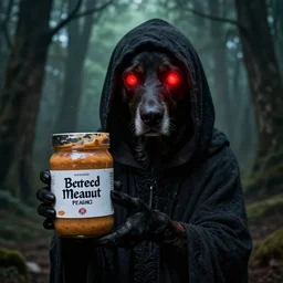 cultist dog glowing red eyes holding a jar of cursed forbidden peanut butter, lovecraftian horror, shitpost