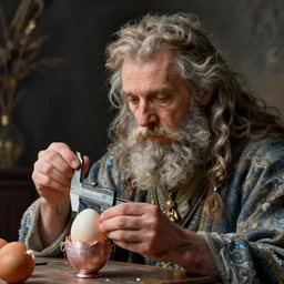 Pensive Wizard examines eggs with calipers, by Anna Dittman