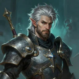 an epic fantastic realism comic book style portrait painting of an aasimar paladin, male, shaggy silver hair, short brown beard, steve argyle, d & d concept art, unreal 5, daz, teal aesthetic, octane render, cosplay, rpg portrait, dynamic lighting