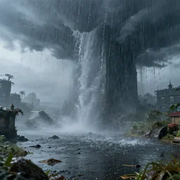 realistic photo of acid rain in future, very hyper realistic, highly detailed, fantasy art station