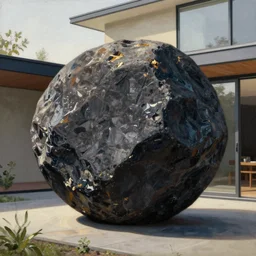 the giant boulder, dark obsidian rock of ages filling up the interior of a mid - century modern home. painting by hammershoi, karel thole, bonnard, bekinski