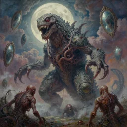 concept art of giant kaiju, lovecraftian, cyclops, lots of teeth, melting horror, round moon, rich clouds, fighting the horrors of the unknown, mirrors, very detailed, volumetric light, mist, grim, fine art, decaying, textured oil over canvas, epic fantasy art, very colorful, ornate, anato finnstark