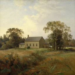 A serene landscape with a singular building in the style of Thomas Cole.
