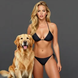 highly detailed painting of jennifer lawrence wearing a bikini and a golden retriever, gta 5 cover art style, 8 k, radiant light, detailed and intricate environment, trending on artstation