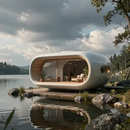 a retrofuturistic cabin by the lake, postmodern architectural 3d render