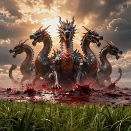 mysterious monster rising from the bloody sea, seven dragon heads, landscape, cinematic view, epic sky, detailed, concept art, low angle, high detail, warm lighting, volumetric, godrays, vivid, beautiful, trending on artstation, by jordan grimmer, huge scene, grass, art greg rutkowski