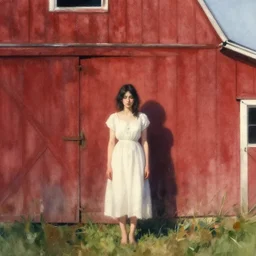 a young woman with black hair wearing a white! dress! standing in the shadow of a red barn. paint brush strokes, watercolor, cinematic light, establishing shot, sense of melancholy, fantastic, american romanticism by hans dahl, greg rutkowski, tyler edlin