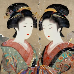 abstract portrait of two geishas, traditional japanese art liminal broken in to pieces fractured, swirly, highly detailed, iridescent accents. by wlop, tooth wu, greg rutkowski, alena aenami, beeple