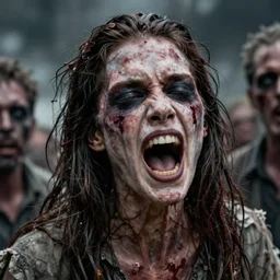 hyper realistic photo portrait shouting zombie cinematic, greg rutkowski, james gurney, mignola, craig mullins, brom