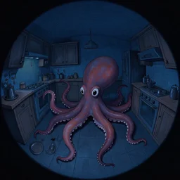 night vision dark palette, fisheye spiral lines, naive, extra narrow, detailed illustration of a kitchen, large floor, octopus shaped by rhads from lorax movie, trending artstation, dark blue