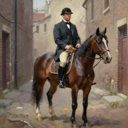 painting of a man on a horse in an alleyway, Peaky Blinders (2018), painted by George Bellows
