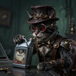 steampunk cat, drinking car oil, hyper - realism, dark, grim, tim burton
