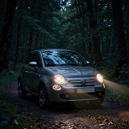fiat 1 2 4 in the dark forest, night, headlights are on, professional photography, vaporwave
