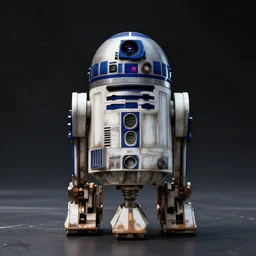 a film still from star wars of a single symmetrical steampunk canine r 2 d 2, wide shot, full body, outer space, perfect symmetry, hyperdetailed 3 d, hyperrealism, hyperrealistic, cinematic, photorealistic photograph