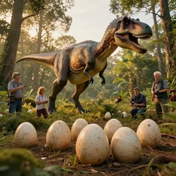 golden hour Jurassic forest landscape, short focus on eggs of a dinosaur, Les Edwards, Zdzislaw Beksinski, Carl Gustav Carus, John Harris, Michal Karcz, Zhang Kechun, Mikko Lagerstedt, Scott Listfield, Steven Outram, Jessica Rossier