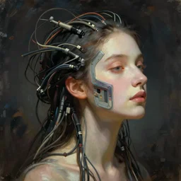 beautiful pure evil adult lain with hundreds of wires coming out of her head, a part of her face panel is showing, she is in pure bliss, portrait, painting