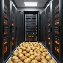 studio photo still of a server room filled with potatoes, on fire room is on fire blazing fire!!!!!, 8 k, studio lighting, overhead lighting