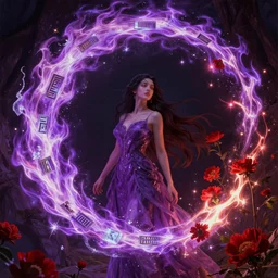 she dreams of arcs of purple flame intertwined with glowing sparks, glinting particles of ice, dramatic lighting, steampunk, secret holographic cyphers, red flowers, bright neon solar flares, high contrast, smooth, sharp focus, art nouveau, painting by Caravaggio and Daytoner and ruan jia and greg rutkowski and Alphonse Mucha