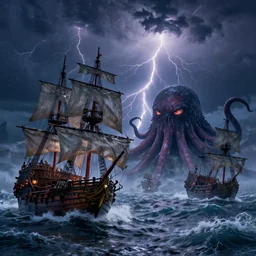 lot of pirate ships are fighting a tentacle monster during a stormy night while there are lot of lightnings in the sky, rule of thirds, nestor canavarro hyperrealist, sharp outlines, cinematic style, lot of foam
