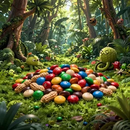 peanut m&m boulders in a jungle landscape