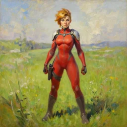oil painting of tracer overwatch in a field of grass wearing red uniform, in style of ivan aivazovsky, expressive face, detailed face, detailed eyes, full body, feminine face, tracer overwatch,