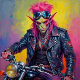 portrait of an apocalyptic demonic orcish goblin biker character, cool pose, psychedelic vibrant colors, futuristic punk rock fashion, oil painting by michael whelan art, sharp focus, biker goggles, 8 0 s hair, studded leather jacket