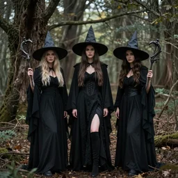 witches posing together in an ancient forest, photo by Gertrude kasebian