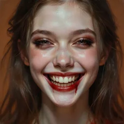 epic portrait of a beautiful girl with an unnaturally wide smile, high detail, horror smile, sharp focus, beautiful!, scary!, bloody, dewy skin, ethereal, painting, concept art, warm lighting, greg rutkowski