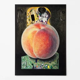 ornately drawn image of a peach on black paper by m c escher and moebius, klimt