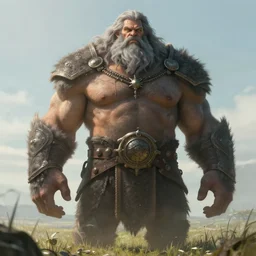 a highly detailed portrait of a massive epic fantasy giant man with gray hair and beard standing in a field concept art